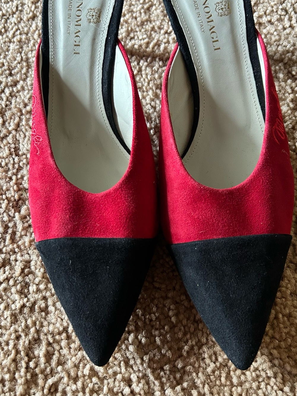 Bruno Magli Red and Black Suede Pointed-Toe Mules